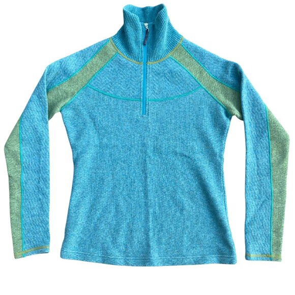 Prana Corrine Wool ¼ Zip Sweater Sz S Green Blue Mock Neck Athleisure Gorpcore - Picture 1 of 13